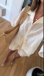 White Eyelet Embroidered Shirt and Shorts Set - Image 3