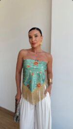 Green Floral Fringe Scarf Top