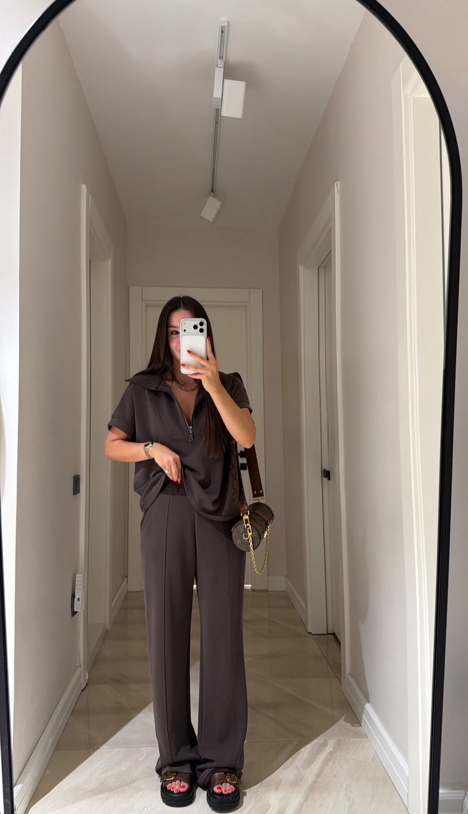 68e9ddb5-2565-4e75-b92f-93c9fa4d9166 (1) Brown Zip Polo and Wide Leg Pants Set - Image 1