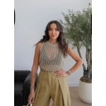 Beige Knit Sleeveless Mesh Top