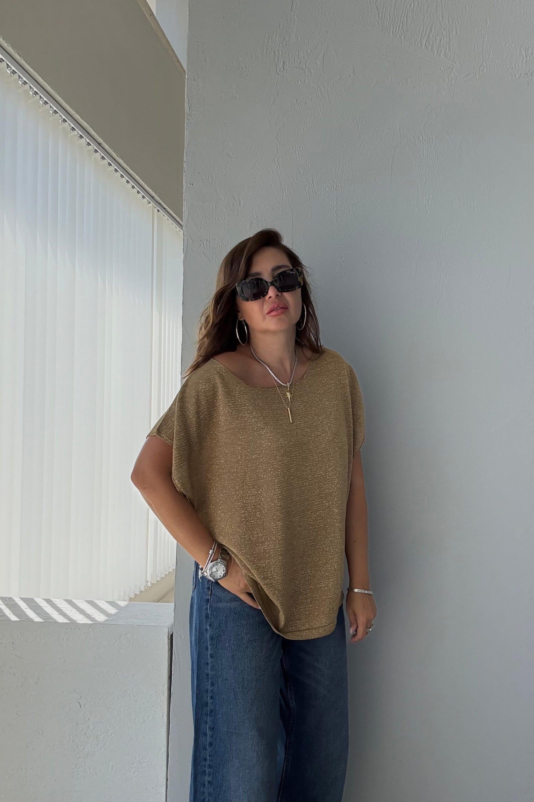 73deb35e-9bef-4913-85ca-0774adae3174 Gold Knit Short Sleeve Top - Image 1