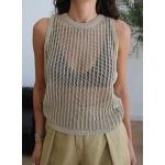 Beige Knit Sleeveless Mesh Top - Image 2