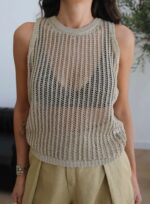 Beige Knit Sleeveless Mesh Top - Image 2