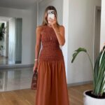 Rust Sleeveless Smocked Midi Dress