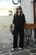 Black Pinstripe Button-Up Shirt and Pants Set