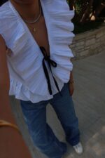 White Ruffle Blouse With Black Ribbon Tie - Image 4