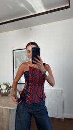 Red Paisley One Shoulder Corset Top