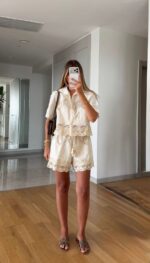 Cream Crochet Lace Shirt and Shorts Set