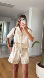 Cream Crochet Lace Shirt and Shorts Set - Image 2