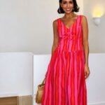 Pink and Red Striped Sleeveless Midi Dress