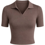 Brown Ribbed Polo Collar Crop Top - Image 2