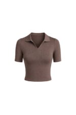 Brown Ribbed Polo Collar Crop Top - Image 2