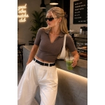 Brown Ribbed Polo Collar Crop Top