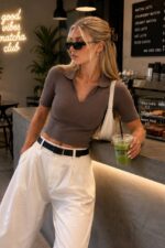 Brown Ribbed Polo Collar Crop Top