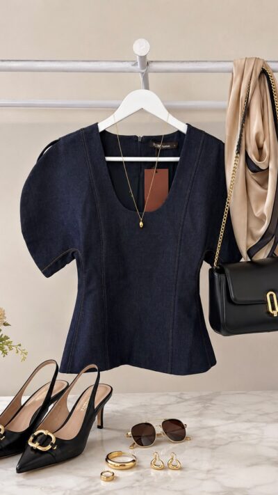 Dark Denim Short Sleeve Blouse
