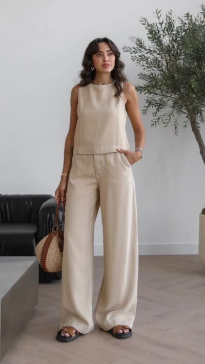 Beige Sleeveless Top and Wide Leg Pants Set