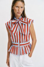 Red and Blue Striped Sleeveless Blouse