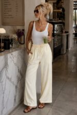 Cream Linen Drawstring Wide Leg Pants