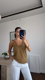 Textured Gold Sleeveless V-Neck Top