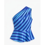 Blue Striped One Shoulder Peplum Top - Image 2