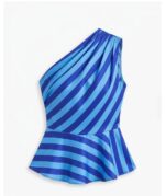 Blue Striped One Shoulder Peplum Top - Image 2