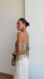 Green Floral Fringe Scarf Top - Image 2