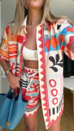 Colorful Geometric Print Shirt and Shorts Set - Image 3