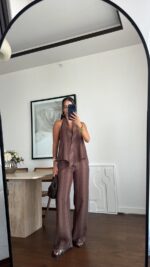 Brown Striped Halter Top and Pants Set