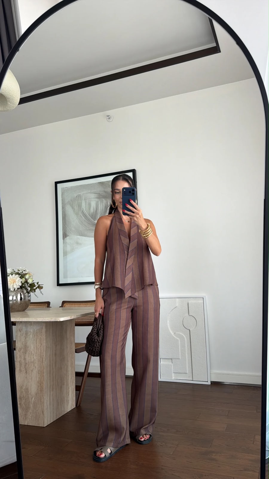 c4a31952-69cd-4d89-a53d-d0abff26e138 Brown Striped Halter Top and Pants Set - Image 1