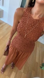 Rust Sleeveless Smocked Midi Dress - Image 2