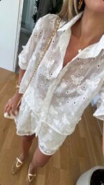 White Embroidered Eyelet Shirt and Shorts Set - Image 2