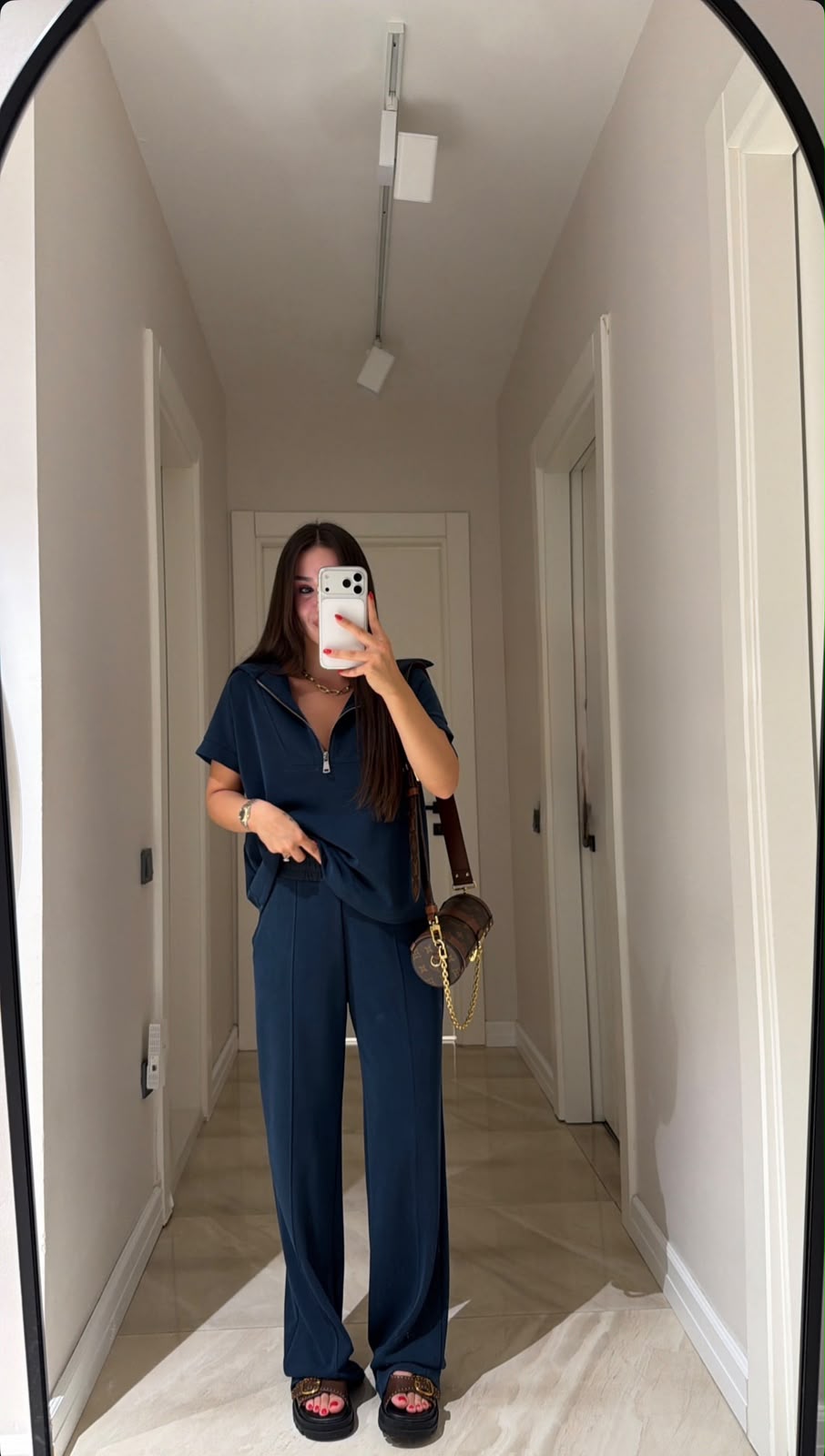 d2f11d6b-965a-4e8a-ab28-23dccd32d125 Women's Navy Zip Polo Top and Pants Set - Image 1