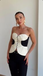 White and Black Strapless Pleated Bustier Top - Image 2