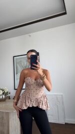 Beige Polka Dot Peplum Corset Top