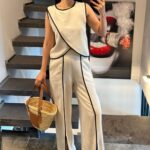 Women’s White Two Piece Set With Black Piping