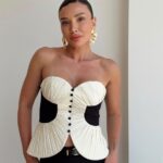 White and Black Strapless Pleated Bustier Top