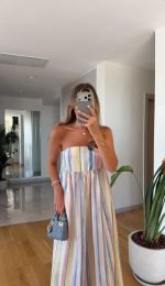 Strapless Pastel Rainbow Striped Maxi Dress