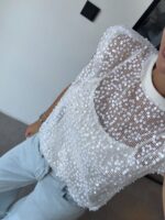 White Sequin Mesh Sleeveless Top - Image 2