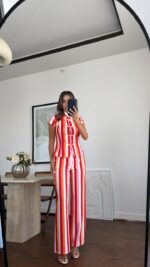 Red and White Vertical Stripe Pant Set