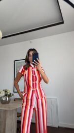 Red and White Vertical Stripe Pant Set - Image 4