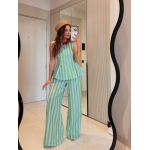 Green and White Striped Pants Set