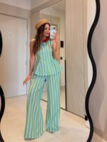 Green and White Striped Pants Set