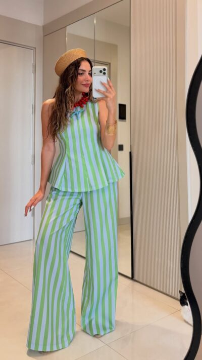 Green and White Striped Pants Set