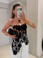 Black Floral Lace Asymmetric Top - Image 5