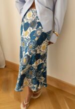 Blue Floral Pattern Satin Maxi Skirt - Image 3