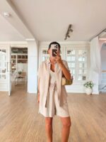 Beige Button Down Shirt and Shorts Set - Image 4