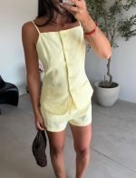 Yellow Linen Button Front Short Set - Image 2
