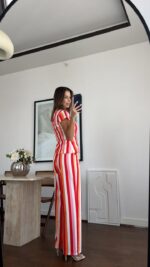 Red and White Vertical Stripe Pant Set - Image 3