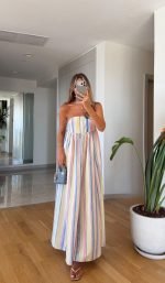 Strapless Pastel Rainbow Striped Maxi Dress - Image 2
