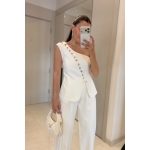 White Asymmetric Buttoned Blazer Pants Set - Image 2